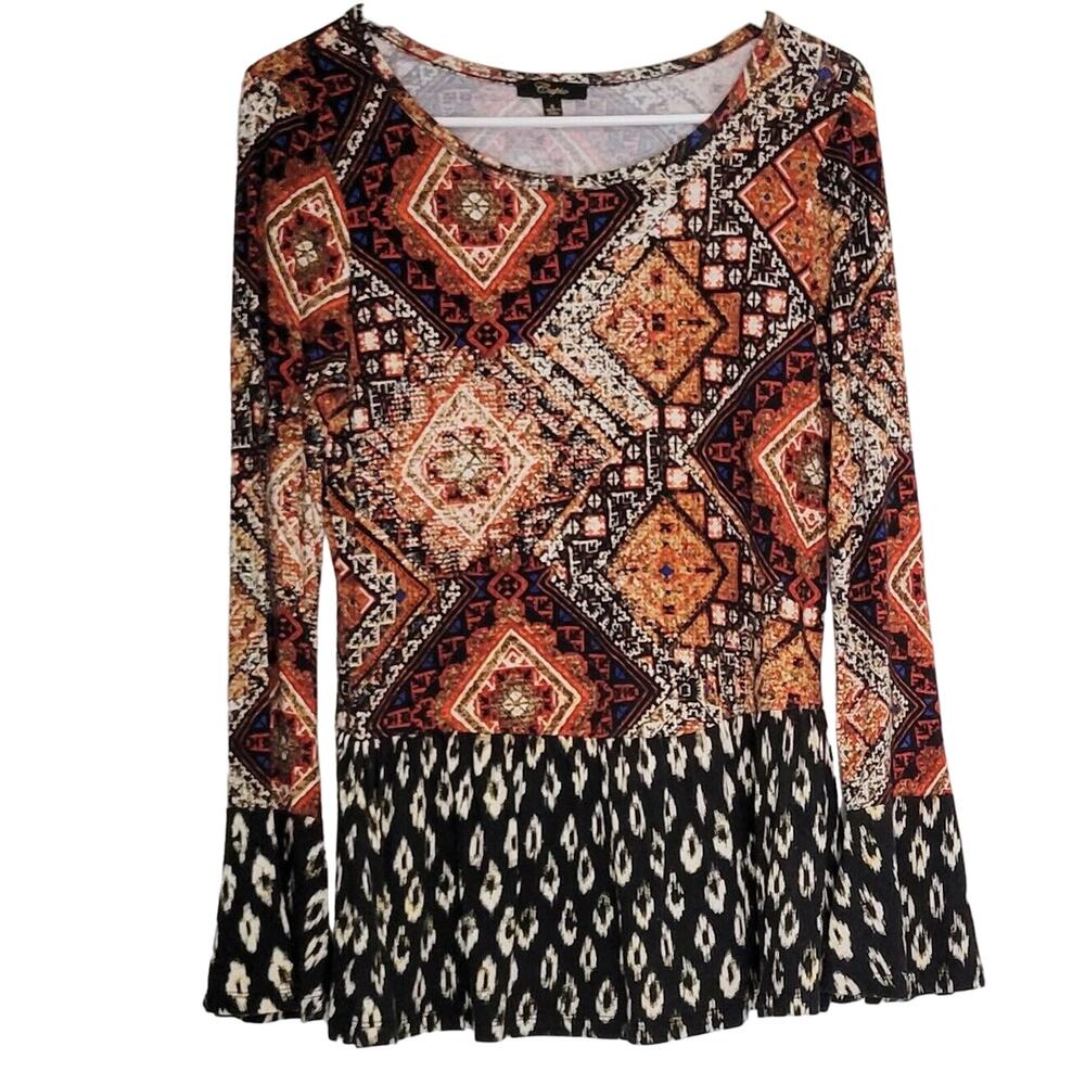 Cupio Mixed Print Long Sleeve Top Small Peplum Swing Ikat Boho Artsy Eclectic